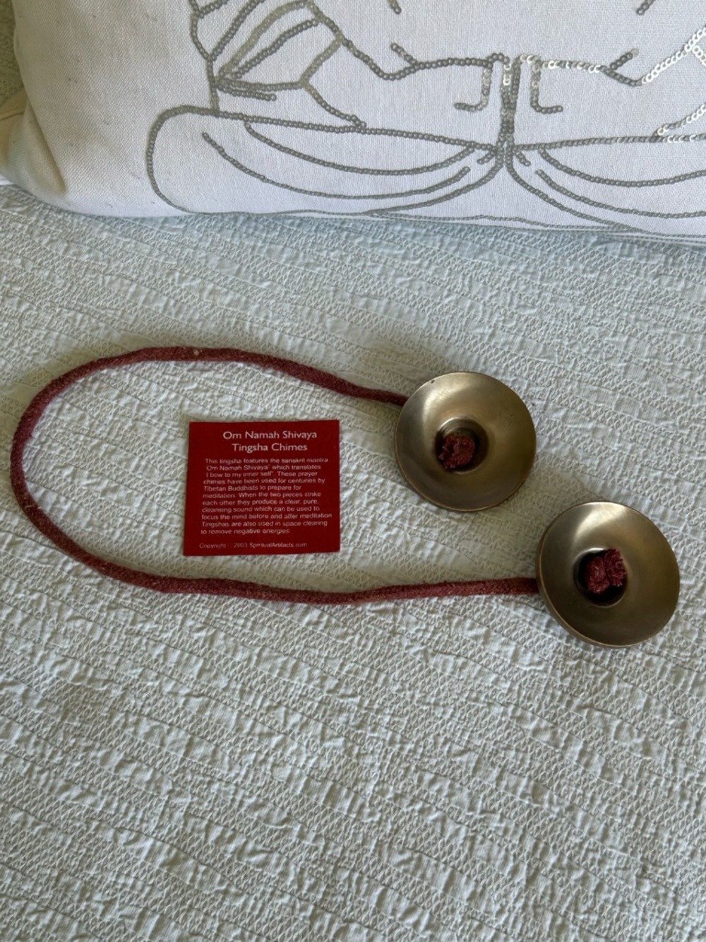 Om Namah Shivaya Tingsha Chimes - Brass with Red Cord - Picture 3 of 5